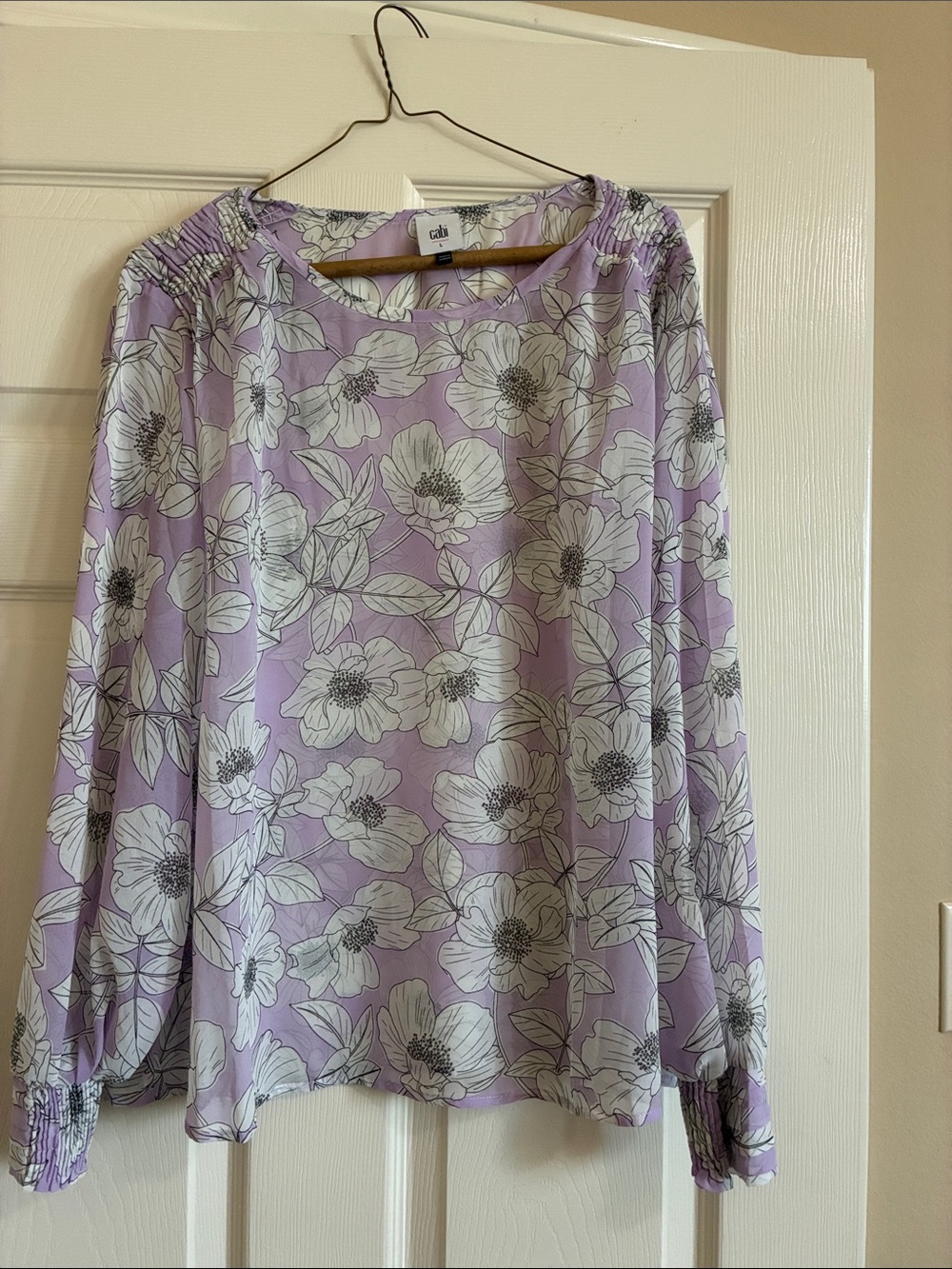 CAbi 6298 Poppy Blouse Lavender Floral Smocked-Shoulder